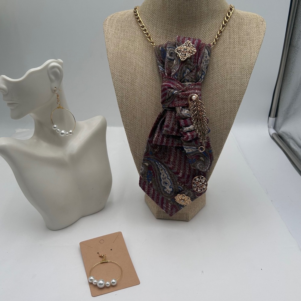 Brittany Bay Paisley Necktie Necklace Gold Tone Brooch Embellished Statement Tie